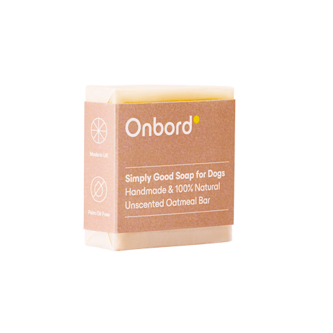 Onbord Unscented Oatmeal Soap Bar for dogs, handmade, palm oil-free, gentle ingredients for sensitive skin.