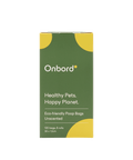 Eco-friendly waste bags by Onbord, featuring unscented healthy pets packaging, 120 bags in 8 rolls, promoting a happy planet.