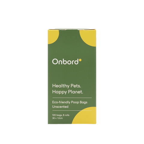 Eco-friendly waste bags by Onbord, featuring unscented healthy pets packaging, 120 bags in 8 rolls, promoting a happy planet.