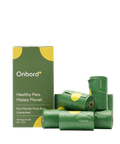 Eco-friendly waste bags by Onbord in green packaging with rolls, promoting healthy pets and a happy planet.