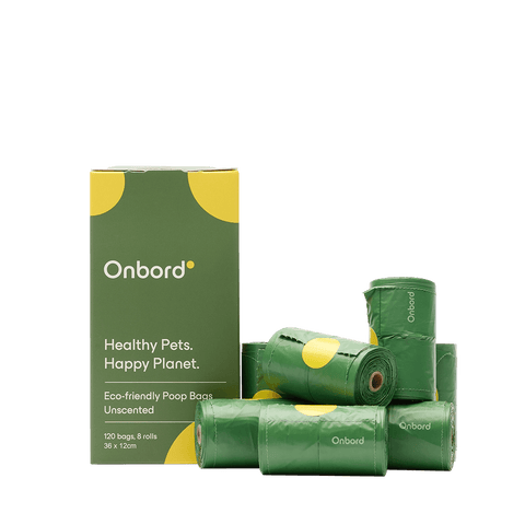 Eco-friendly waste bags by Onbord in green packaging with rolls, promoting healthy pets and a happy planet.
