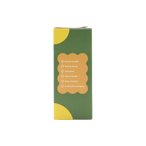 Eco-friendly waste bags packaging listing features like easy-tie handles, leak-proof, and sustainable design.