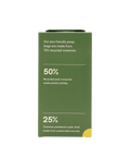 Eco-friendly waste bag packaging showcasing 75% recycled materials, highlighting 50% from plastic bottles and 25% from oyster shells.