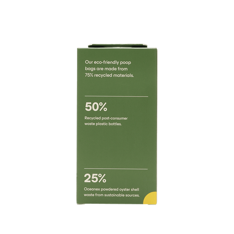 Eco-friendly waste bag packaging showcasing 75% recycled materials, highlighting 50% from plastic bottles and 25% from oyster shells.