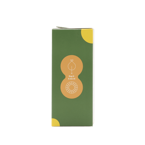 Eco-friendly waste bag packaging with a green design and instructions to "Bag it & bin it!" for easy disposal.