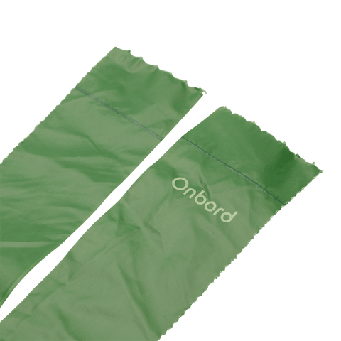 Onbord eco-friendly waste bags featuring easy tie handles, ideal for versatile waste management on the go.