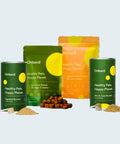 Onboard pet care products including bags, cans, and powder on a white background