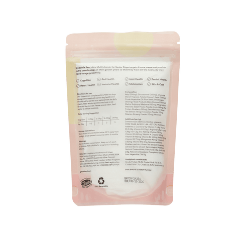 Onbord Senior dog vitamins. Packaging showcasing health benefits for senior dog care.